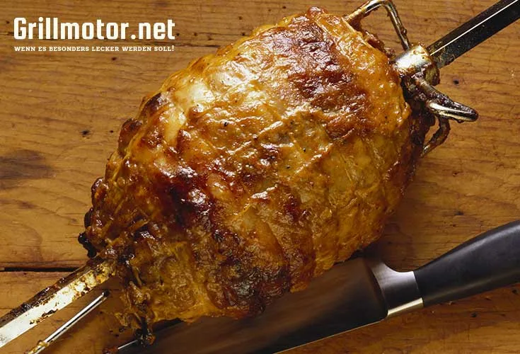 Grillspieß mit Fleischklammern und Ausgleichsgewicht