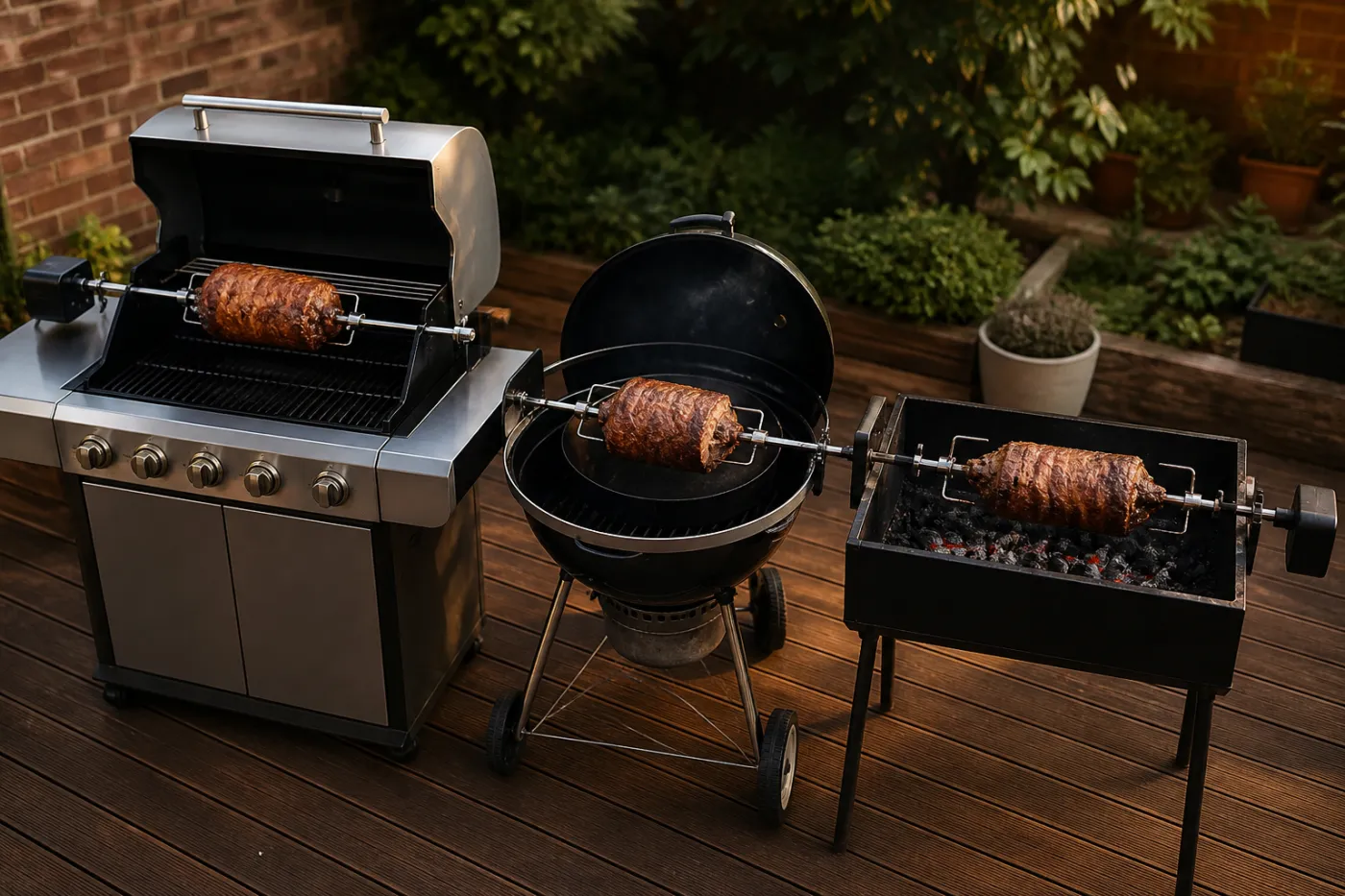 Gasgrill, Kugelgrill und offener Holzkohlegrill nebeneinander