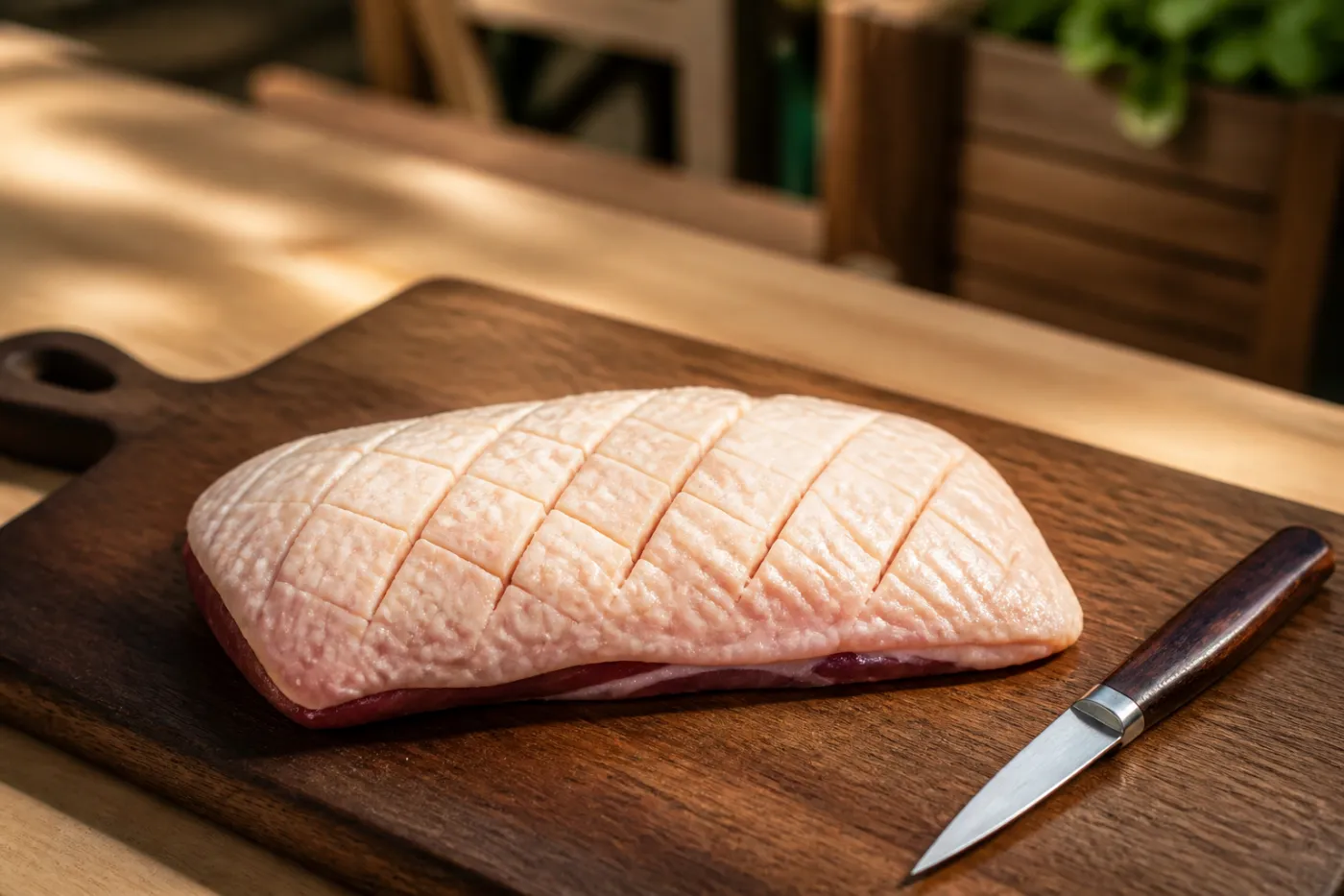 Rautenförmig eingeritzte Haut einer Ente vor dem Grillen
