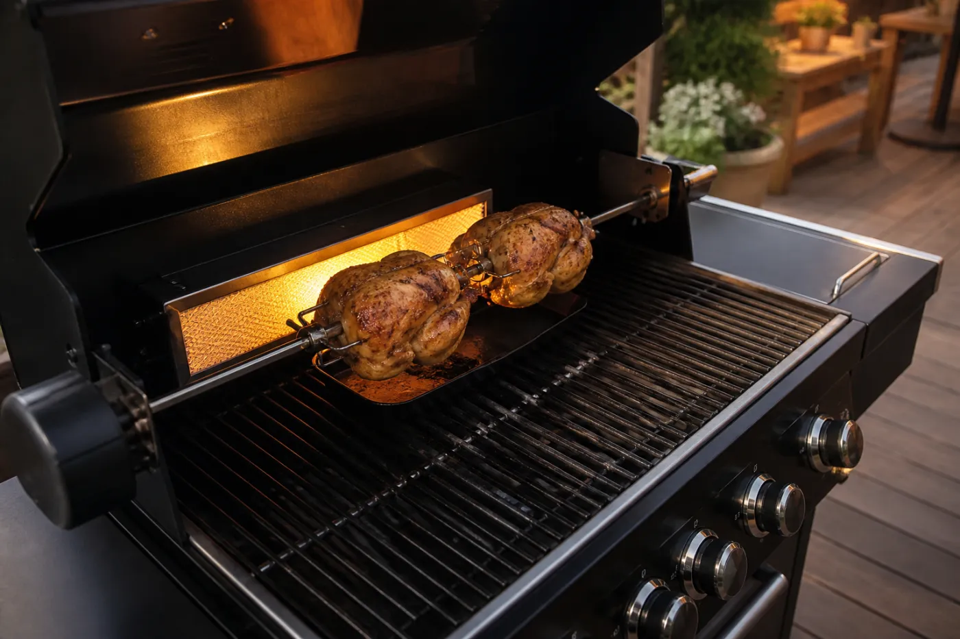 Drehspieß auf einem Gasgrill mit rückseitigem Brenner