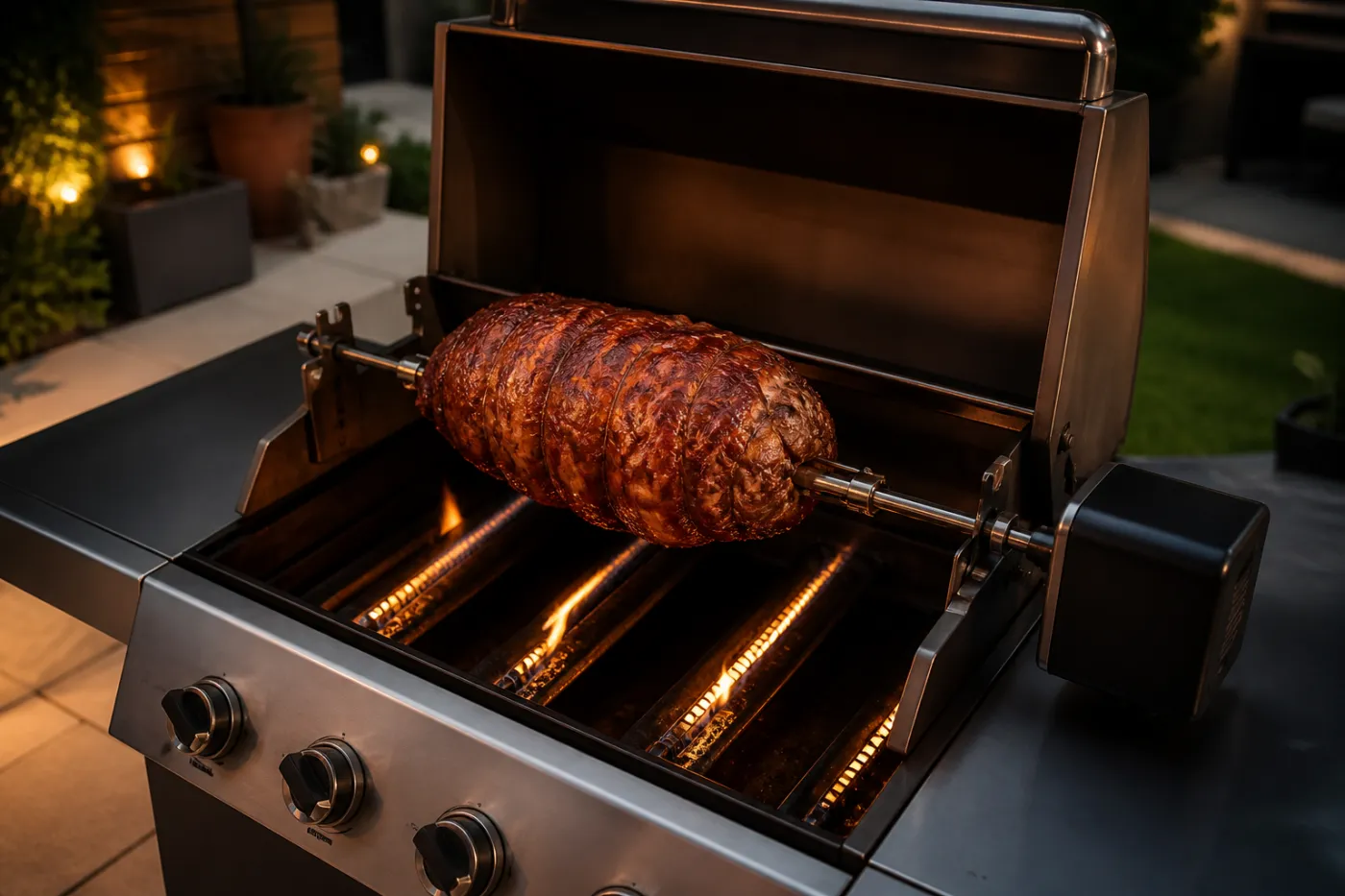 Drehspieß an einem Gasgrill bei indirekter Hitze