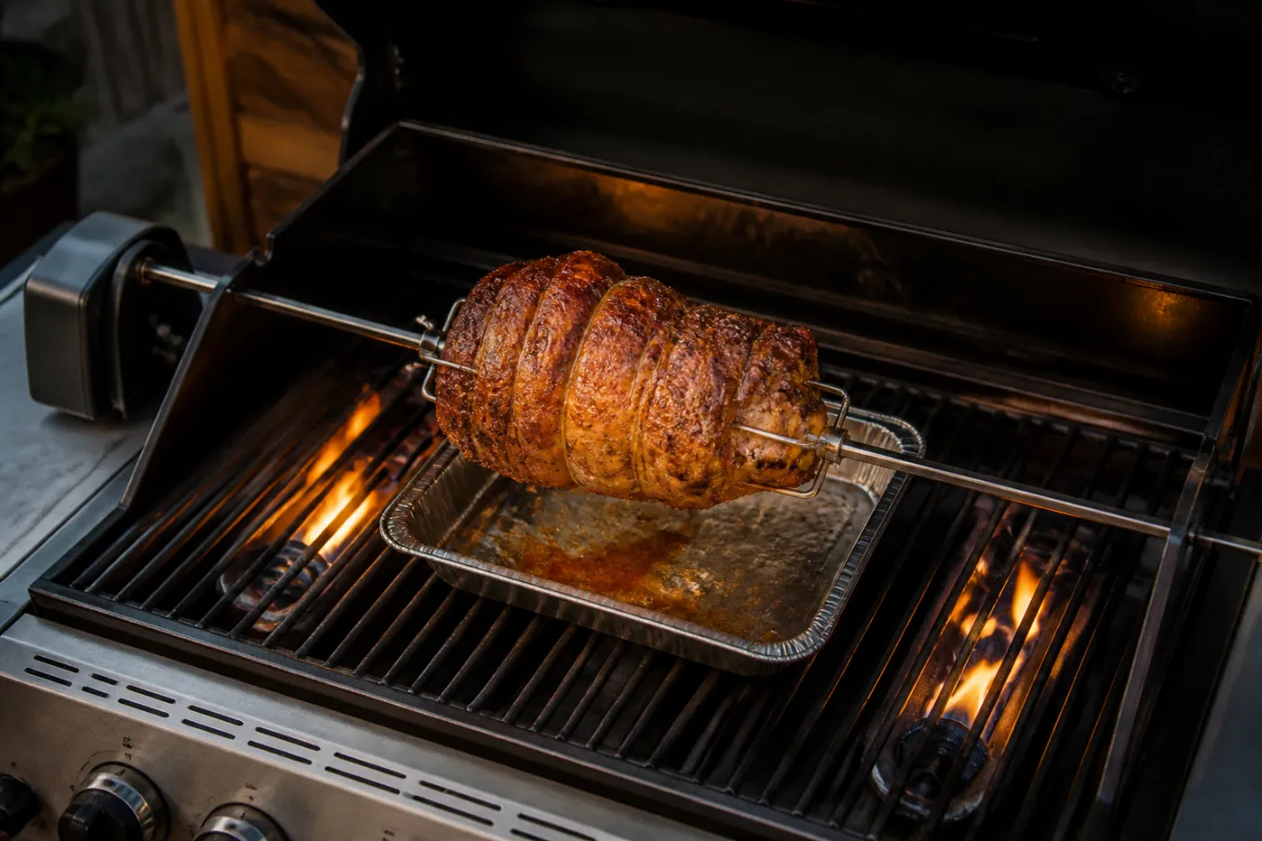Drehspieß über einem Gasgrill mit Tropfschale bei indirekter Hitze