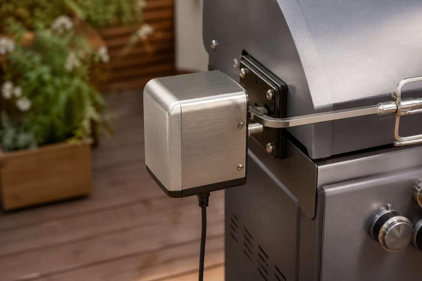 Netzbetriebener Grillmotor mit Edelstahlgehäuse seitlich am Grill