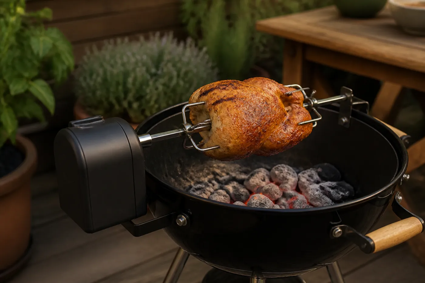 Batteriebetriebener Grillmotor ohne Kabel an einem kleinen Grill