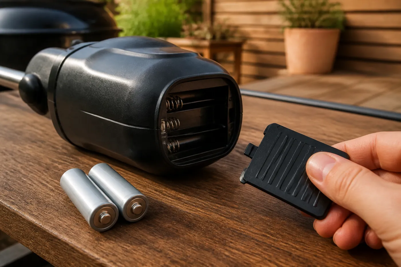 Geöffnetes Batteriefach eines Grillmotors mit Monozellen