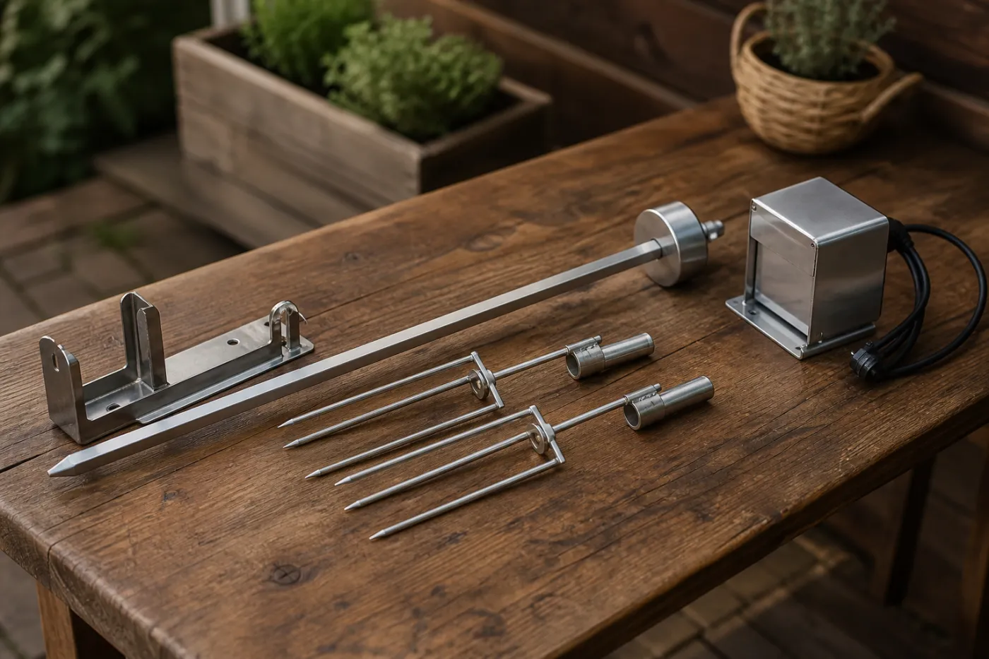 Grillspieß-Set mit Fleischnadeln, Lager und Gegengewicht