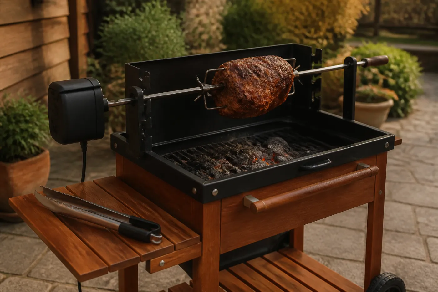 Drehspieß seitlich an einem Grillwagen montiert
