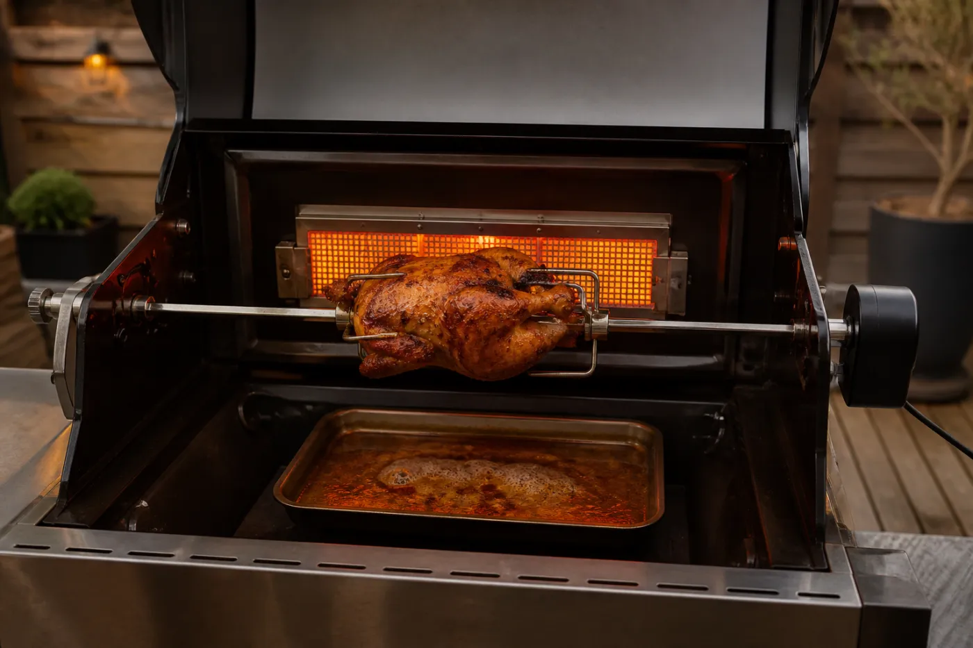 Rückseitiger Infrarotbrenner strahlt auf das Grillgut am Spieß