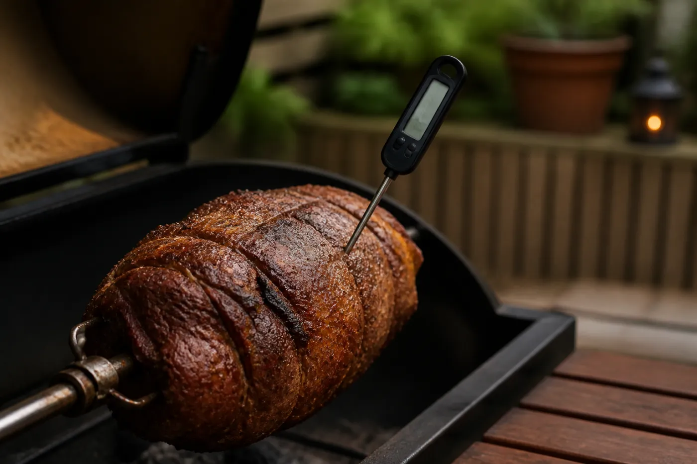 Einstichthermometer misst in der dicksten Stelle, weg vom Spieß
