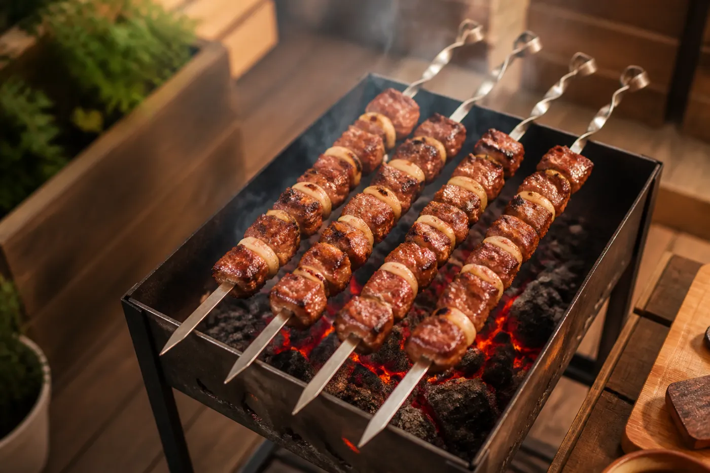 Flache Spieße mit Fleischwürfeln über schmaler Glut