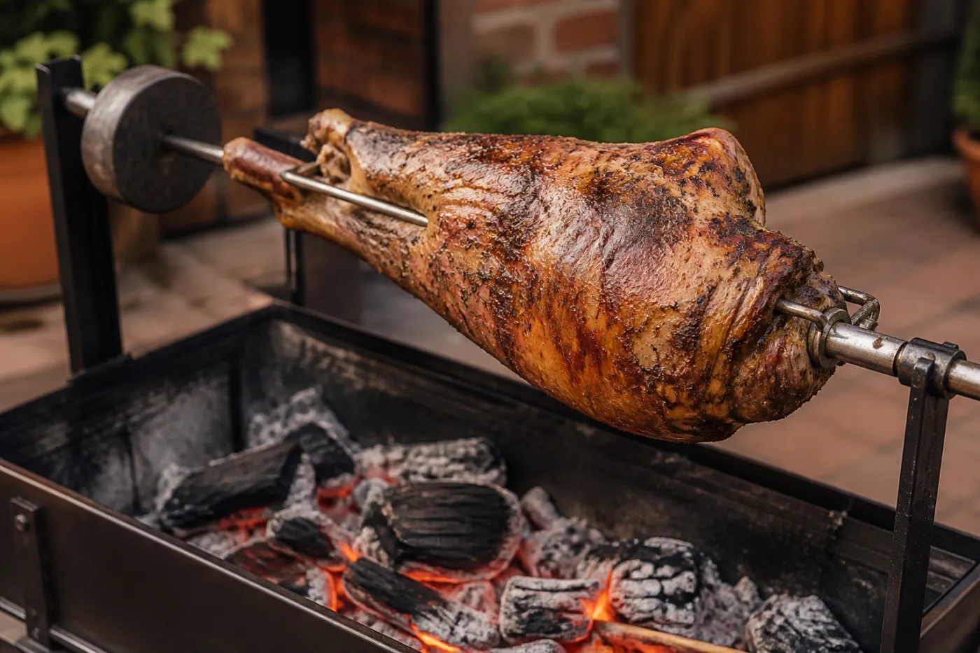 Schwere Lammkeule am Spieß mit gesetztem Ausgleichsgewicht