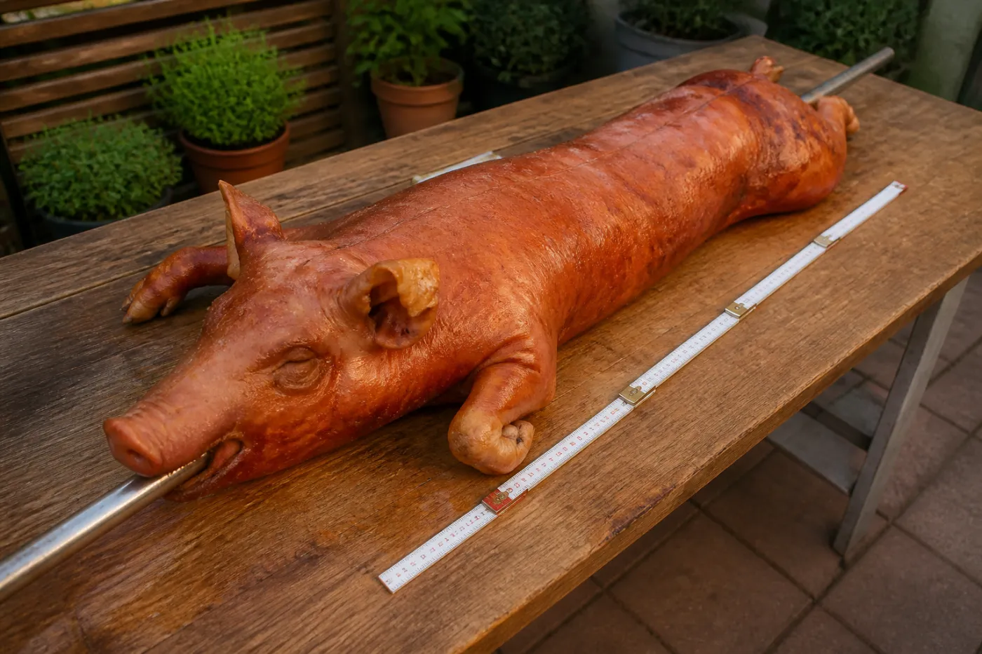 Spanferkel auf dem Spieß mit Zollstock als Größenvergleich