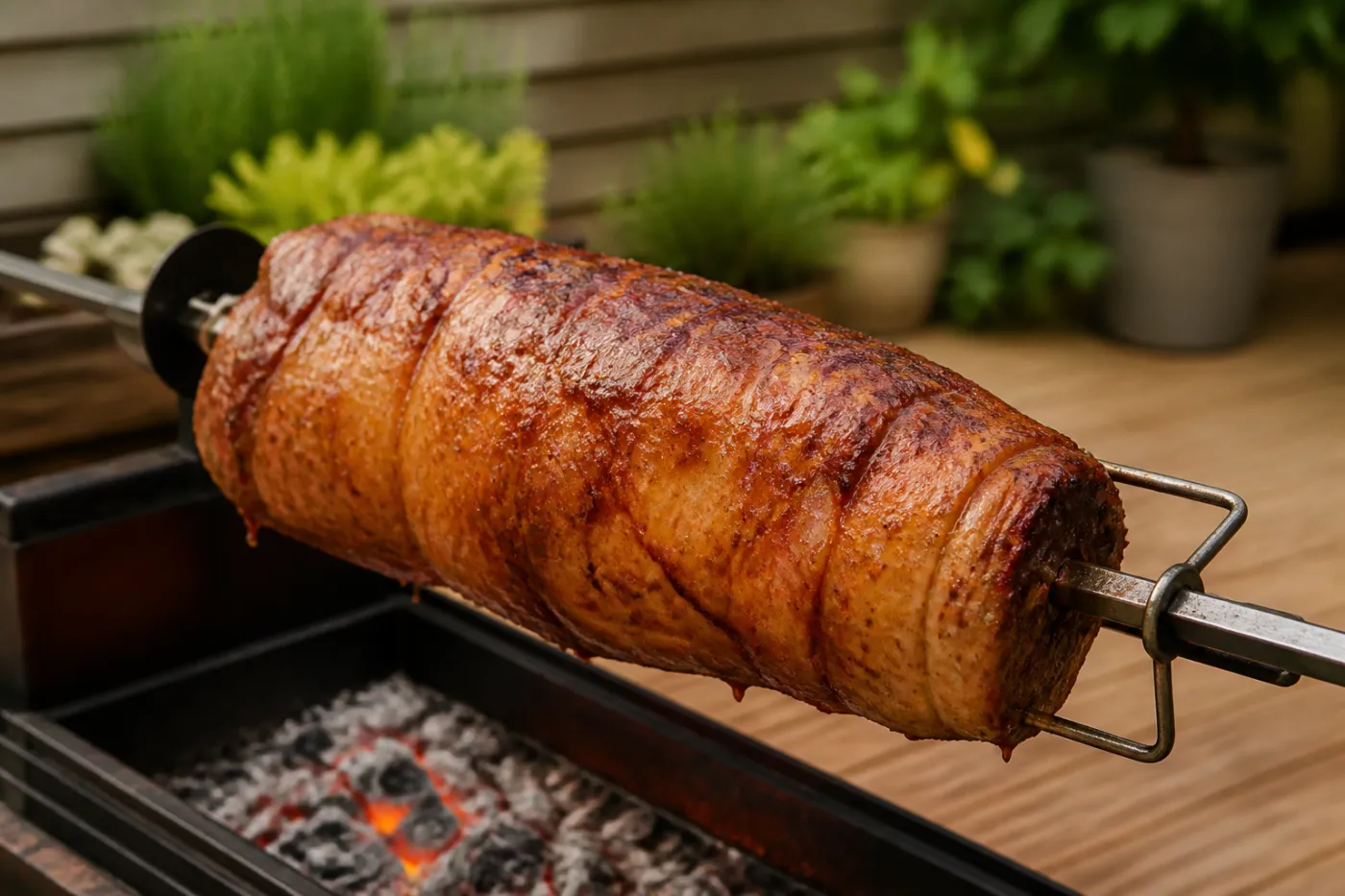 Spießbraten mit gleichmäßig gebräunter Kruste am Spieß