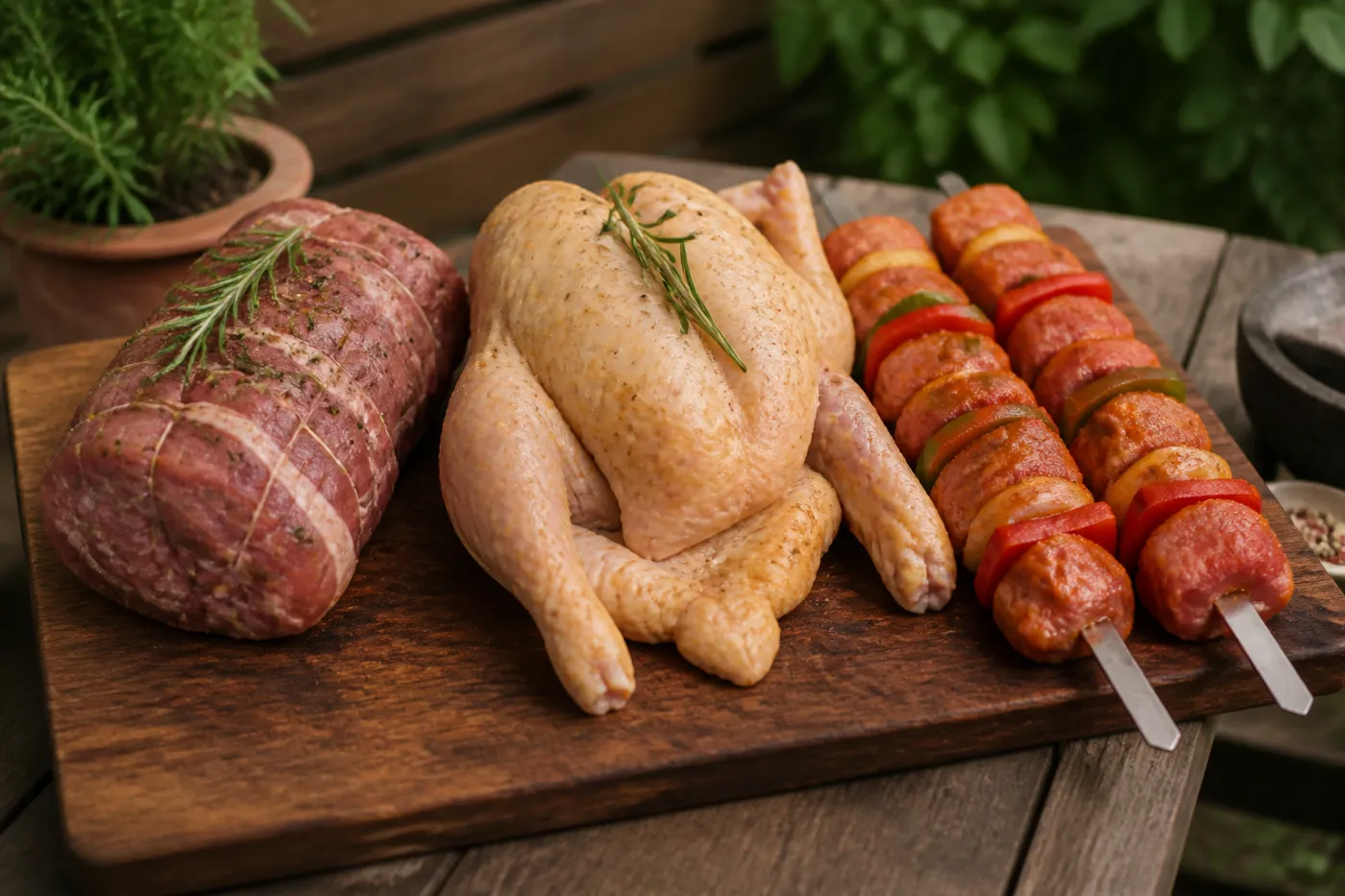 Verschiedenes Grillgut für den Spieß nebeneinander vorbereitet