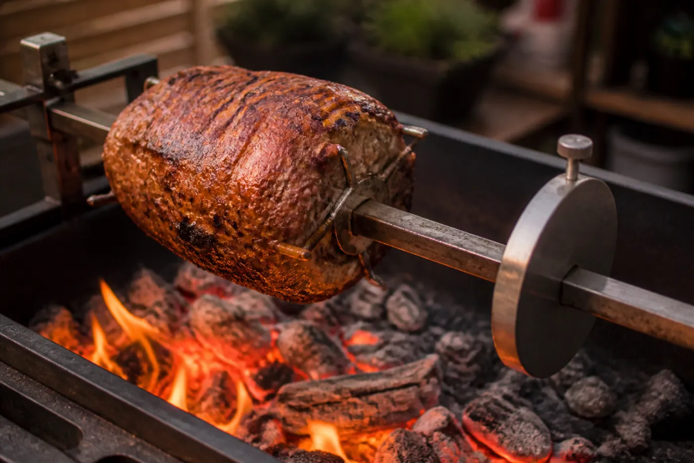 Ausgleichsgewicht am Grillspieß, Fleisch mittig aufgespießt und ausbalanciert