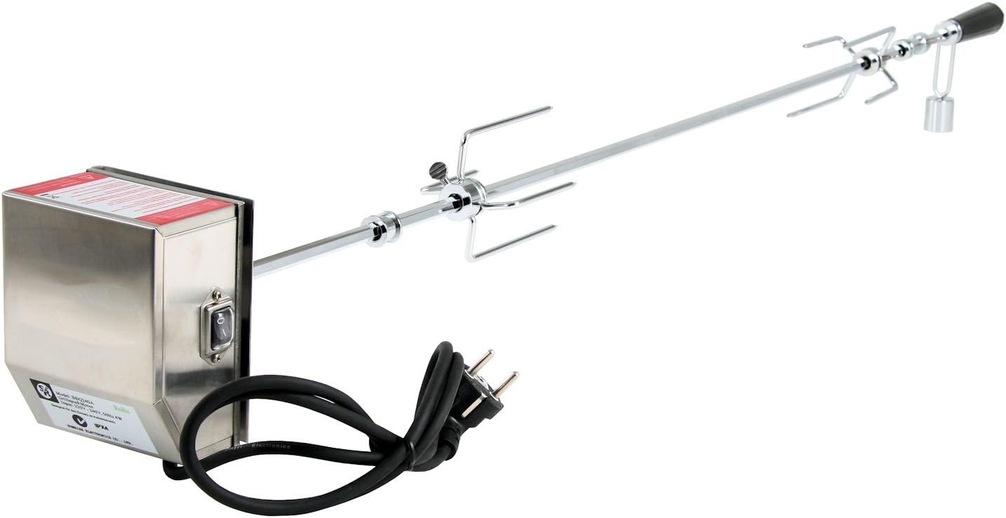 BBQ-Toro Grillspieß Set, 120 cm, inkl. Edelstahl Motor, 220V - 240V, inkl. 2 Stück Fleischklammern, Rotisserie, Drehspiess aus Metall verchromt, Spiess Set, elektrischer Drehspiess
