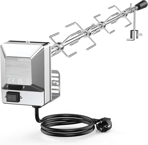 Onlyfire Universal Verchromter Grillspieß Set, 220V - 240V | 100 cm Rotisserie Drehspieß, 4X Fleischnadeln, Edelstahl Motor, Drehspiess