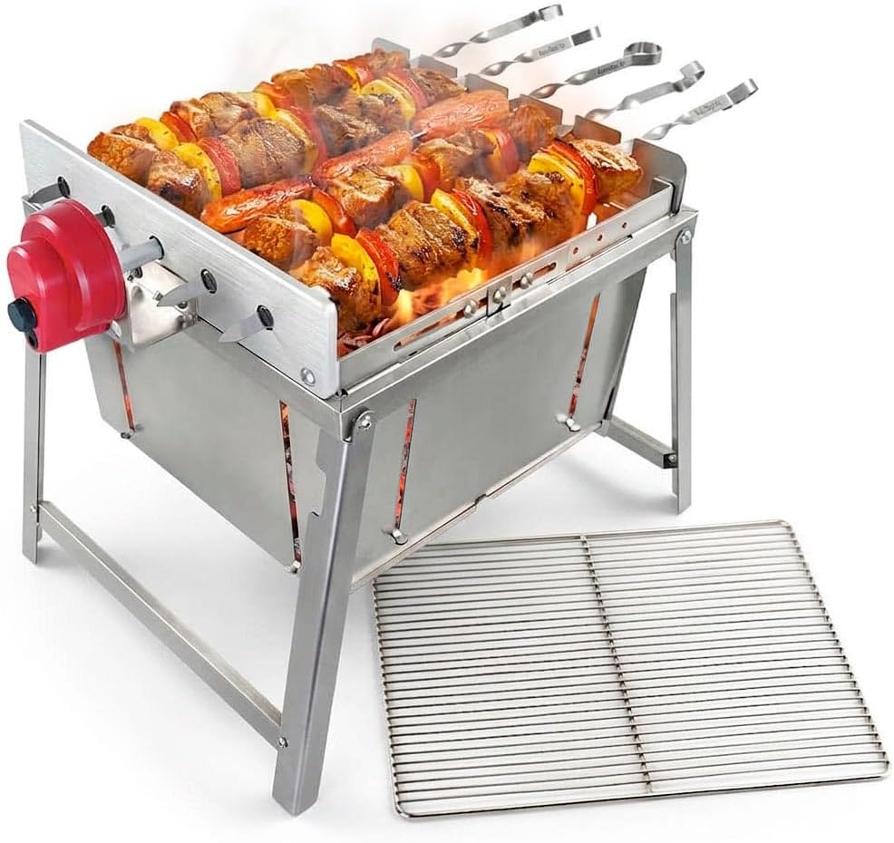 BEM Rambo ToGo: Grill SET - kleiner Schaschlikgrill, Edelstahl Mangal mit Motor, zusammenklappbarer Campinggrill, inkl. Powerbank & Spieße